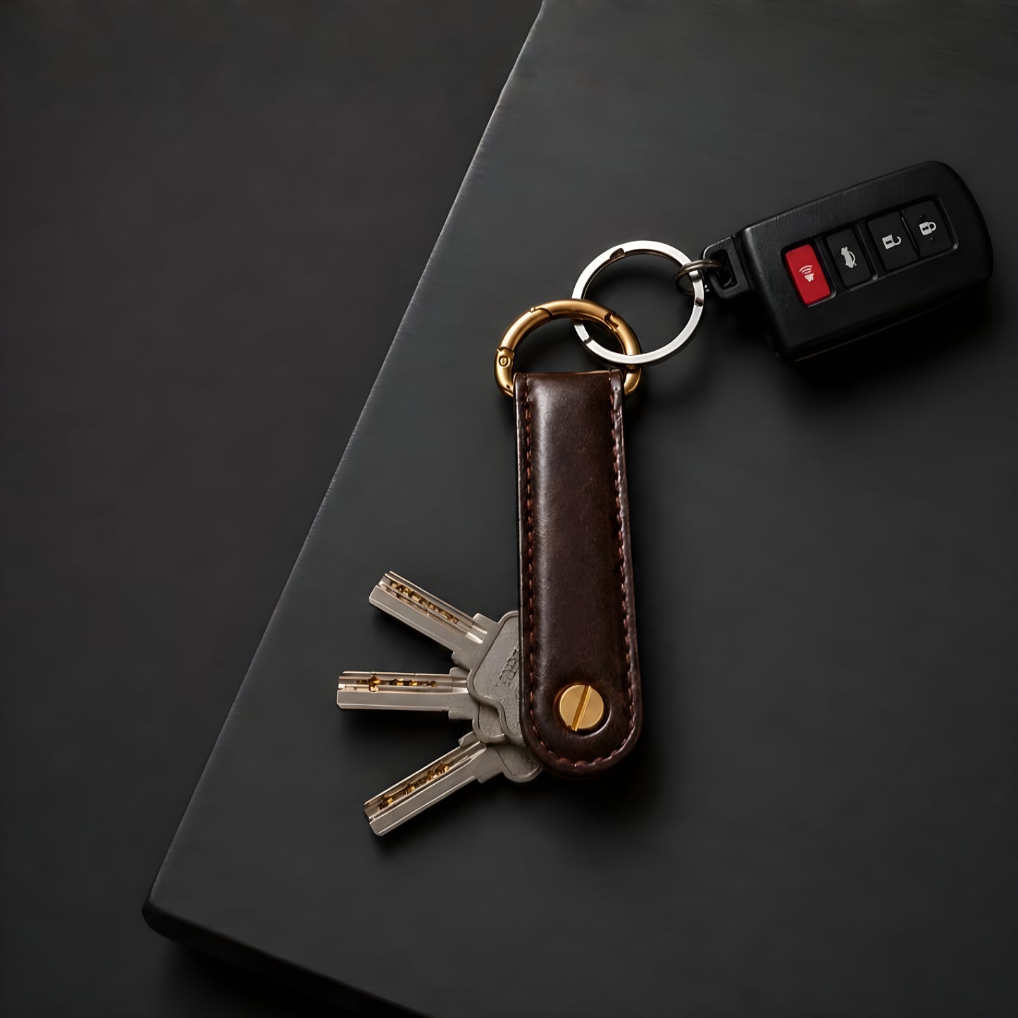 Dark brown leather key organizer holding car keys